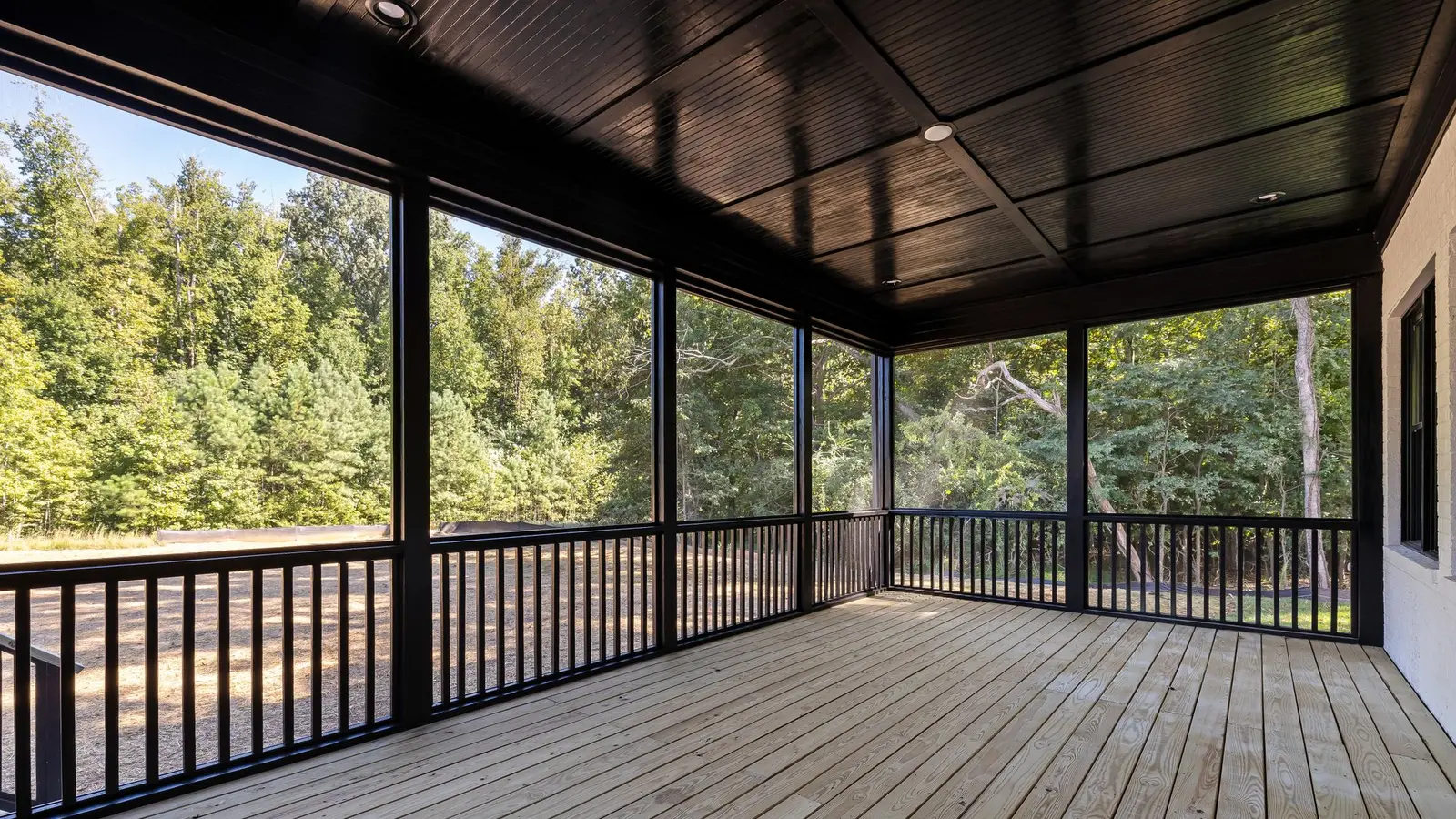 Screened porch with dark railings and wood floor looking out at trees