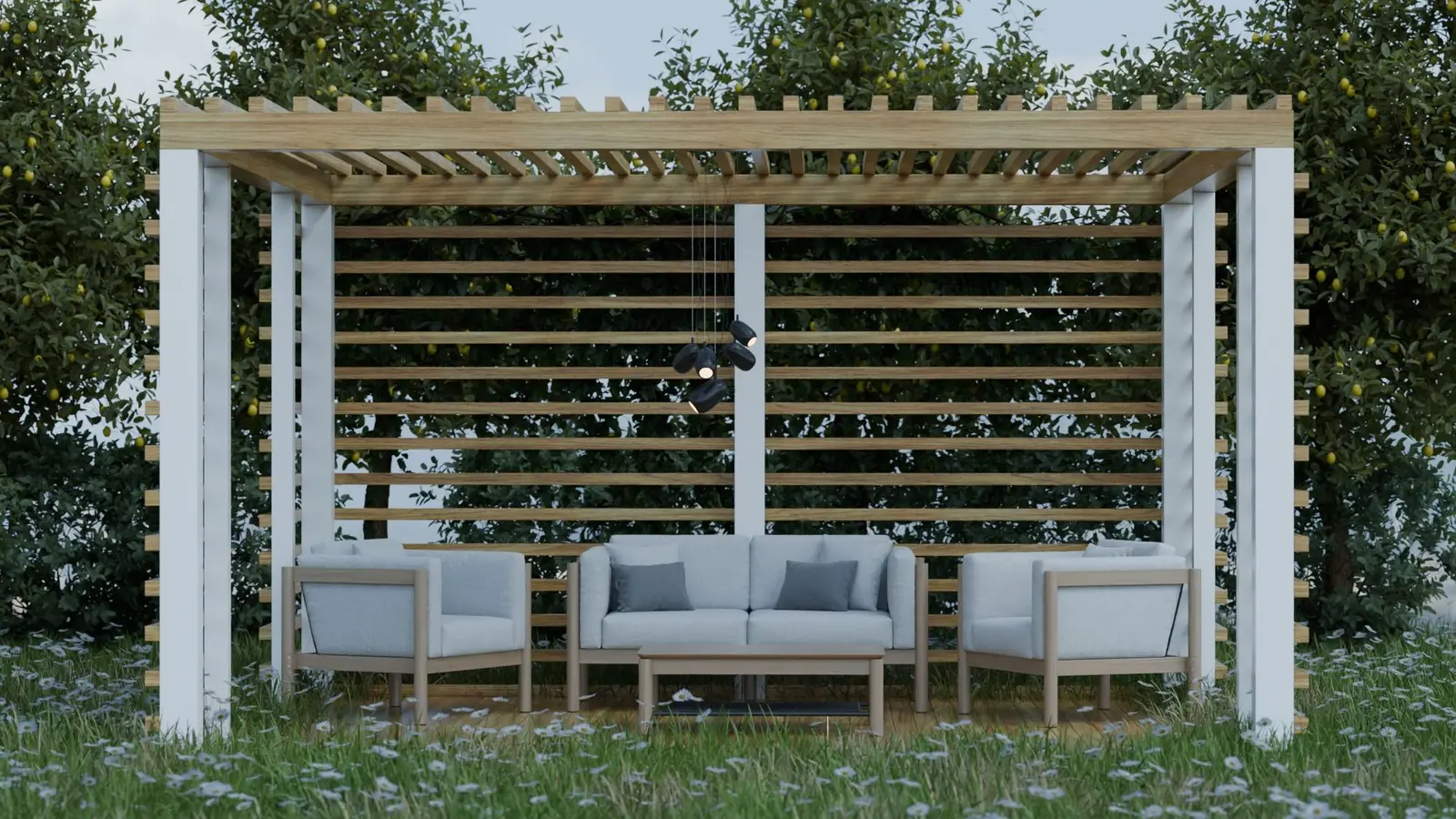 White pergola with louvered sides sheltering an outdoor sofa set on a lawn
